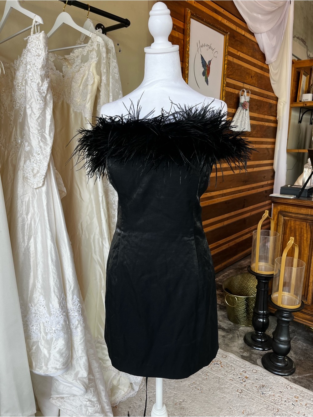 Sherri Hill Cocktail Gown Black Strapless feather top